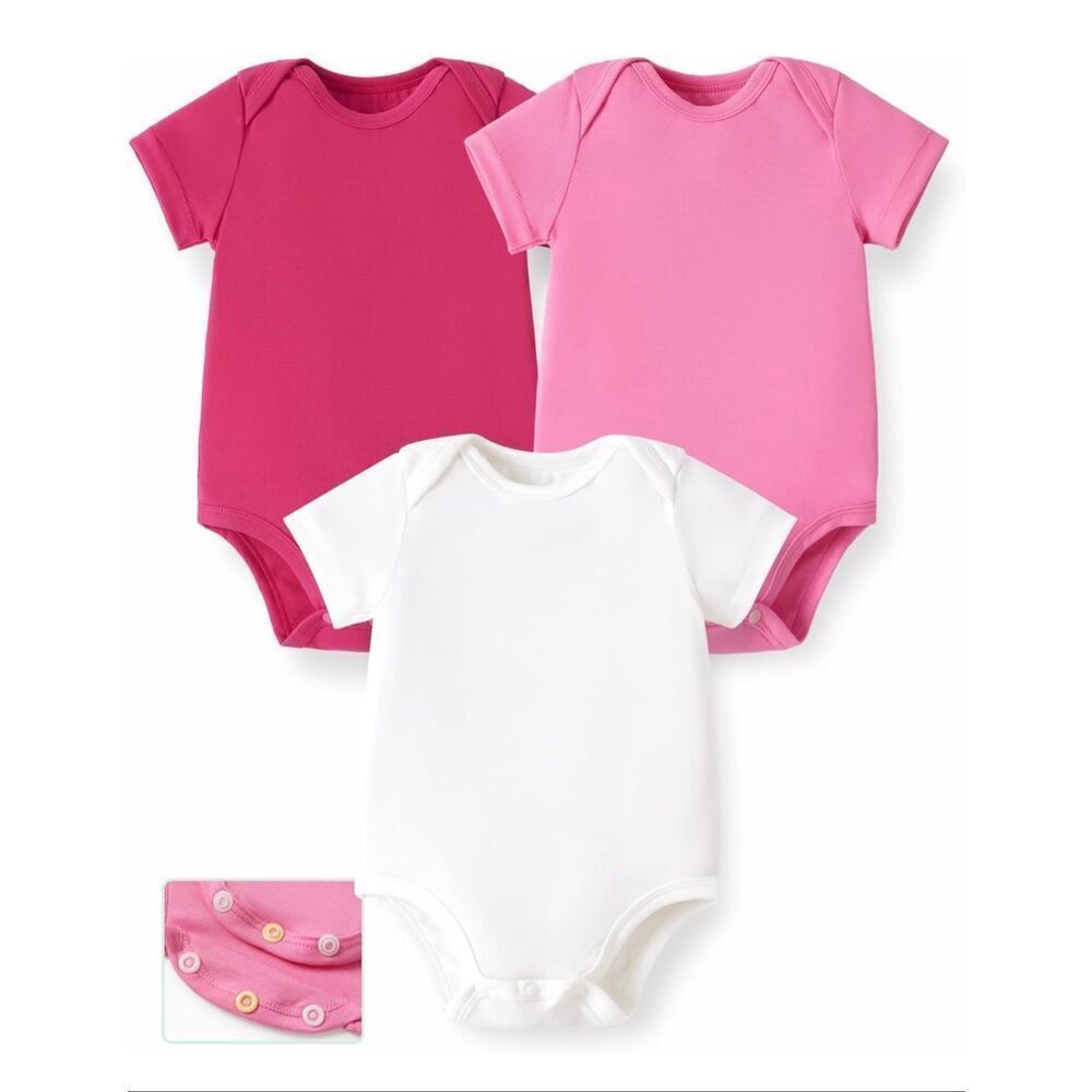 PATPAT Baby Bodysuits Rayon 6-9 mos- Short Sleeve pink and white